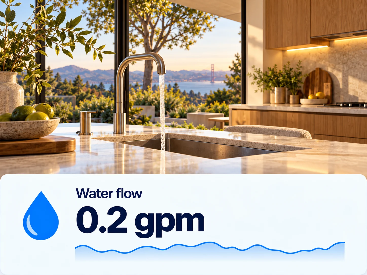 Illustrative home app showing a kitchen faucet and current water flow of 0.2 gallons per minute.