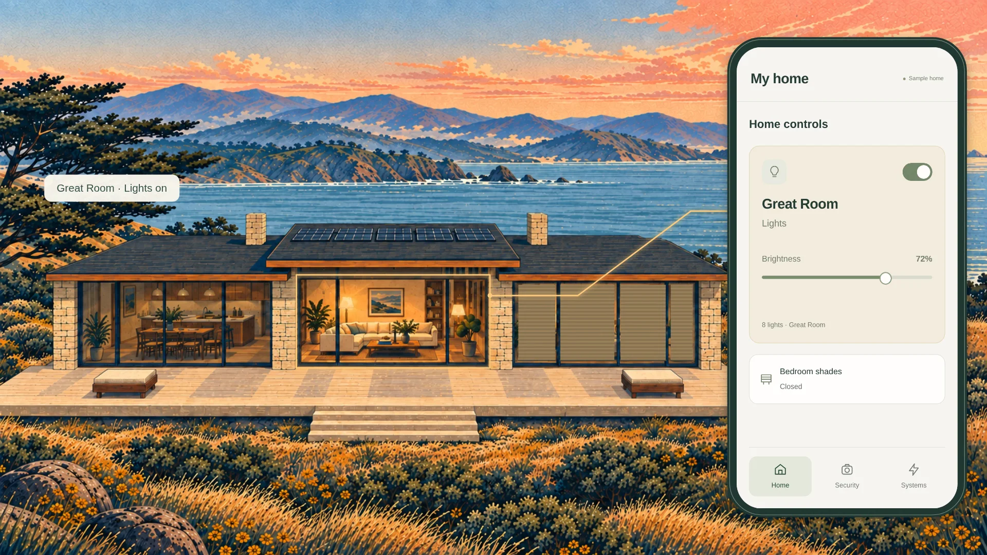 A coastal home with phone controls for the living room lights